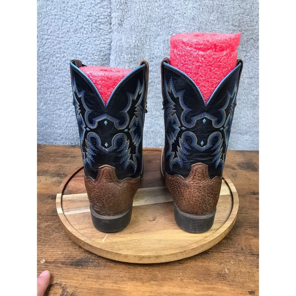 Ariat Tombstone Western Boots Kids 3 Brown Black Blue Stitched Square Toe Cowboy